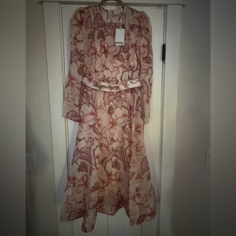 Zimmermann Midi Dress with Dusty Rose Floral Print/Coral Habiscus